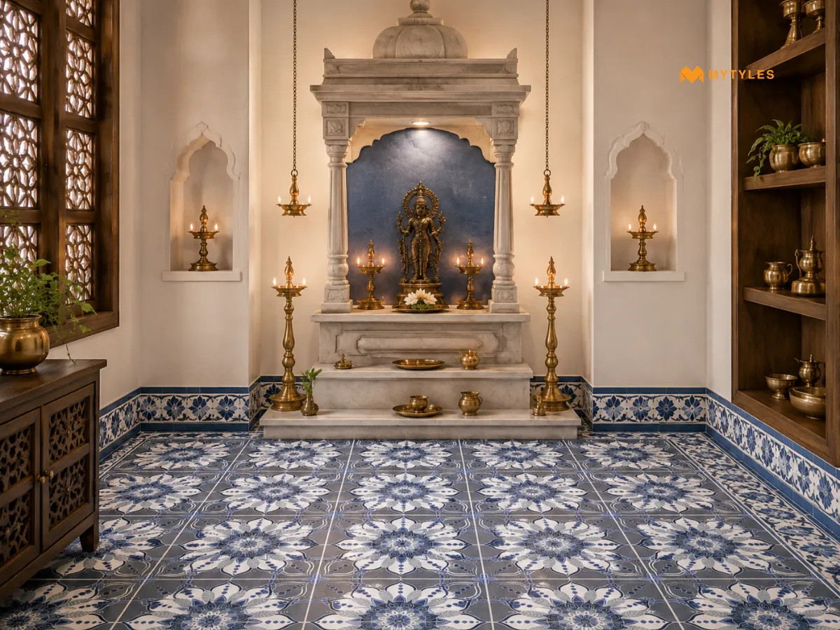 Blue and White Tiles for a Serene, Classic Pooja Room